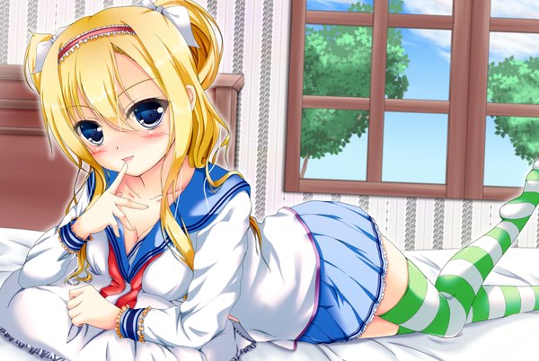 Anime picture 2029x1360 with original hiro (725611) looking at viewer blush highres short hair blue eyes blonde hair zettai ryouiki finger to mouth girl thighhighs skirt bow hair bow serafuku hairband bed striped thighhighs