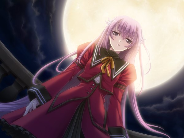 Anime picture 1600x1200 with tenshi no hane wo fumanaide long hair purple eyes game cg purple hair girl serafuku moon