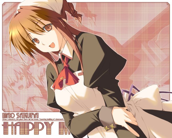 Anime picture 1280x1024 with happy margaret sakura mao kokonoka single long hair looking at viewer open mouth brown hair brown eyes game cg inscription girl dress headscarf