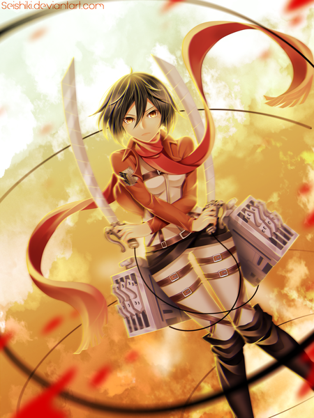 Anime picture 800x1067 with shingeki no kyojin production i.g mikasa ackerman seishiki (artist) single tall image short hair black hair holding yellow eyes sunlight dual wielding girl weapon sword scarf blood thigh boots red scarf