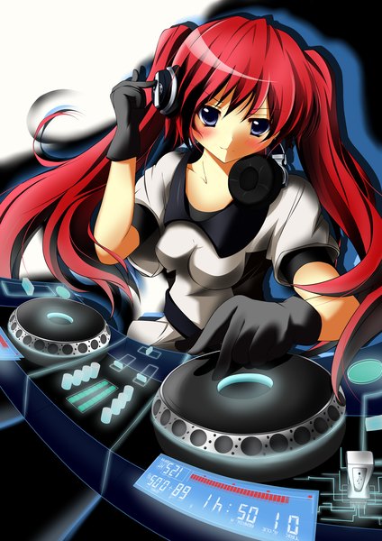 Anime picture 1918x2712 with original suemizu yuzuki single long hair tall image blush highres smile purple eyes twintails red hair hand on headphones dj girl gloves black gloves headphones