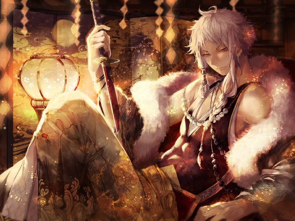 Anime picture 900x675 with original yukisame single looking at viewer fringe short hair bare shoulders silver hair reclining silver eyes boy weapon sword katana fur beads lantern prayer beads