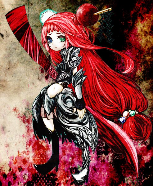Anime picture 1200x1461 with akasia single long hair tall image standing red hair heterochromia girl navel hair ornament weapon armor