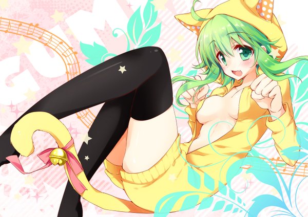 Anime picture 1315x930 with vocaloid gumi mao (alepricos) long hair blush breasts open mouth light erotic green eyes animal ears green hair cat ears cat girl cat tail girl thighhighs black thighhighs hood
