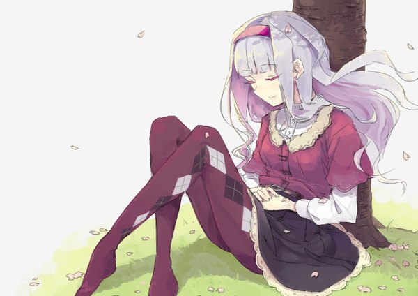 Anime picture 1412x1000 with idolmaster shijou takane tai0201 single long hair fringe sitting purple hair eyes closed light smile wind no shoes rhombus girl skirt plant (plants) petals pantyhose tree (trees) hairband