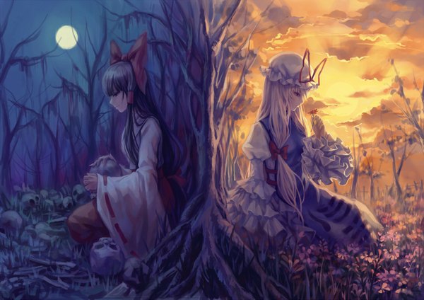 Anime picture 1131x800 with touhou hakurei reimu yakumo yukari windyakuma long hair black hair blonde hair sitting multiple girls sky cloud (clouds) japanese clothes light smile night night sky miko girl dress flower (flowers) bow