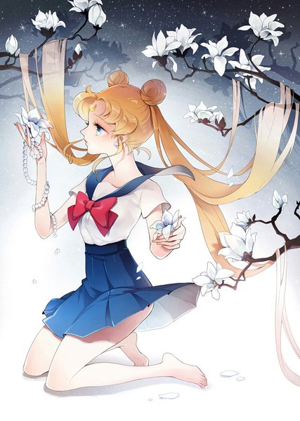 Anime picture 800x1125 with bishoujo senshi sailor moon toei animation tsukino usagi sailor moon bacu single tall image blue eyes blonde hair white background twintails holding full body very long hair profile pleated skirt barefoot grey background shadow hair bun (hair buns)