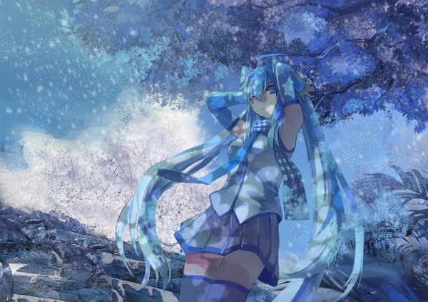 Anime picture 1500x1059 with vocaloid hatsune miku yuki miku azomo single long hair looking at viewer twintails sky one eye closed aqua eyes wink aqua hair blue background arms behind head girl thighhighs skirt plant (plants) tree (trees)