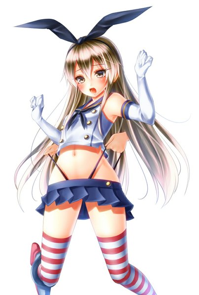 Anime picture 673x998 with kantai collection shimakaze destroyer noppi (noppi 98) single long hair tall image blush open mouth light erotic simple background white background bare belly midriff silver eyes dark hair girl thighhighs skirt gloves navel