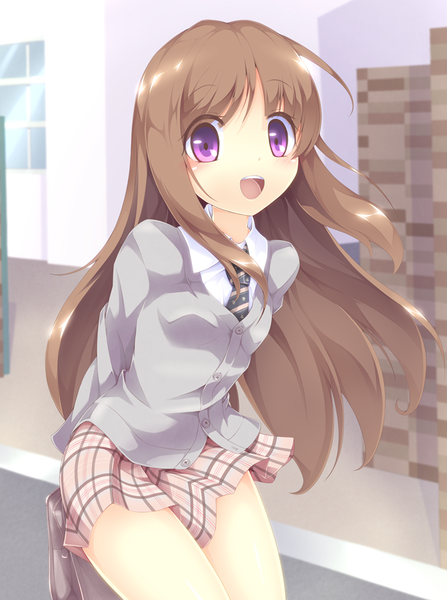 Anime picture 800x1072 with original josephine (twin tail rabbit) single long hair tall image looking at viewer open mouth brown hair purple eyes girl skirt uniform school uniform