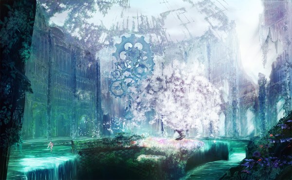 Anime picture 1600x986 with original popopo single long hair blonde hair wide image standing holding waterfall mechanical parts girl flower (flowers) plant (plants) animal tree (trees) water bird (birds) bouquet gears