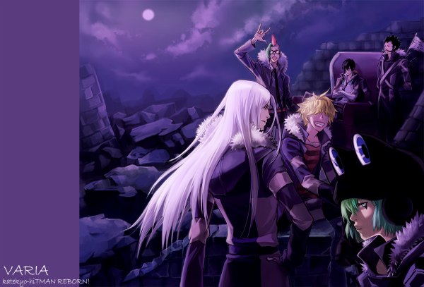 Anime picture 1200x815 with katekyou hitman reborn superbi squalo xanxus belphegor (khr) fran (khr) lussuria leviathan (khr) long hair black hair blonde hair smile cloud (clouds) white hair multicolored hair from behind night open clothes night sky grin clothes on shoulders