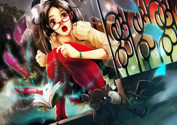 Anime picture 1700x1202 with original khalitzburg single long hair highres open mouth black hair black eyes magic surprised girl hat animal glasses book (books) cat paper cane