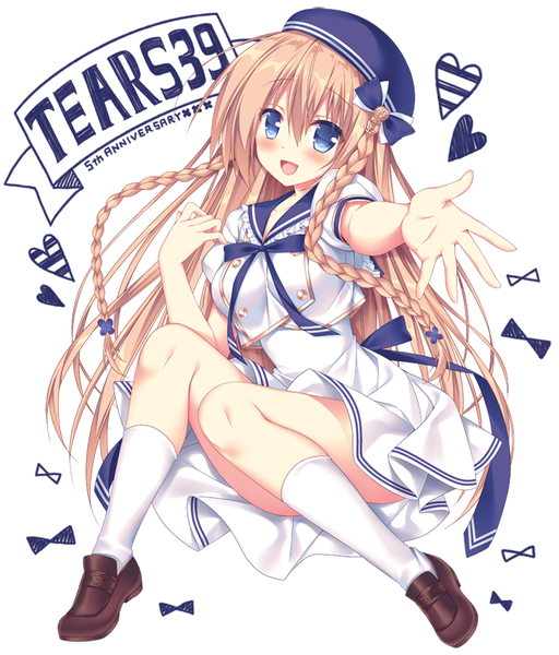 Anime picture 734x861 with original traene (sorai shin'ya) sorai shin'ya single long hair tall image looking at viewer fringe open mouth blue eyes simple background blonde hair hair between eyes white background braid (braids) :d twin braids striped convenient censoring outstretched hand