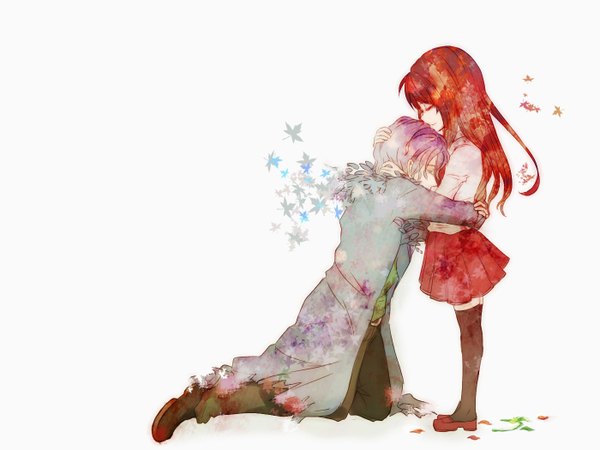 Anime picture 1400x1050 with ib (game) garry (ib) ib (ib) long hair short hair simple background white background eyes closed grey hair orange hair hug kneeling girl boy petals leaf (leaves)