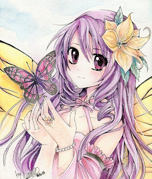 Anime picture 869x1024 with nami (nyaa) single long hair tall image blush purple eyes purple hair hair flower light smile traditional media insect wings butterfly wings watercolor (medium) girl dress hair ornament flower (flowers) wings insect butterfly