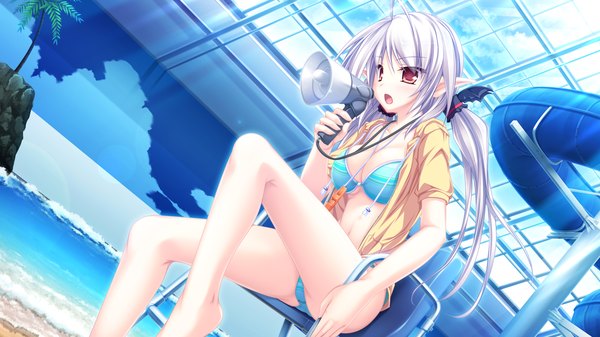 Anime picture 1920x1080 with maikaze no melt suzu (suzukaze no melt) tenmaso long hair highres open mouth red eyes wide image twintails game cg white hair pointy ears girl swimsuit bikini megaphone