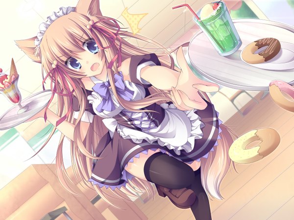 Anime picture 2800x2100 with original ringonotane (muku) single long hair highres open mouth blue eyes brown hair bare shoulders animal ears cat ears teeth maid cat girl cat tail fang (fangs) tears girl thighhighs bow