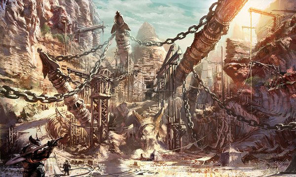 Anime picture 1600x960 with tera online wide image horn (horns) wallpaper rock weapon building (buildings) chain sun road shovel