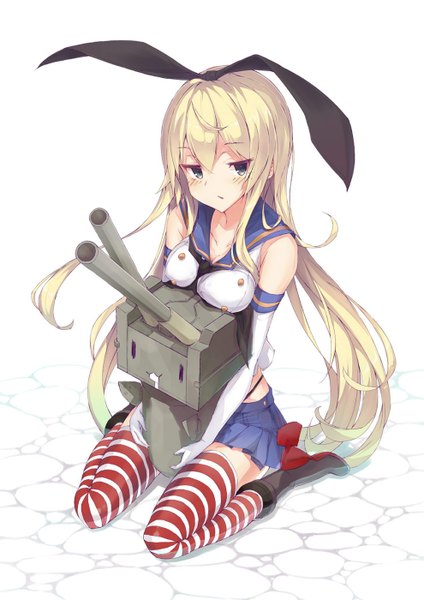 Anime picture 990x1400 with kantai collection shimakaze destroyer rensouhou-chan yuui hutabakirage long hair tall image looking at viewer blush breasts simple background blonde hair white background sitting holding grey eyes wariza girl thighhighs skirt gloves