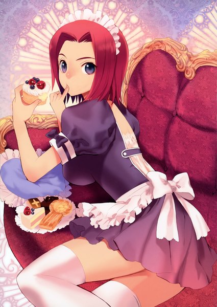 Anime picture 3323x4690 with code geass sunrise (studio) kallen stadtfeld waka sugiyama single tall image highres short hair blue eyes absurdres red hair scan maid zettai ryouiki finger to mouth girl thighhighs white thighhighs food headdress