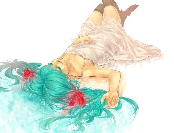 Anime picture 1440x1105 with vocaloid hatsune miku rivaste single long hair simple background smile white background twintails lying eyes closed aqua hair on back leg lift (legs lift) girl thighhighs bow black thighhighs hair bow blanket