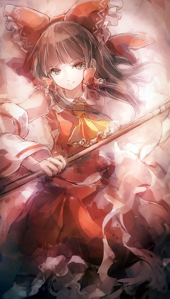 Anime picture 500x879 with touhou hakurei reimu 60mai single long hair tall image fringe brown hair brown eyes looking away one eye closed light smile wind girl dress skirt bow hair bow detached sleeves skirt set
