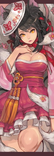 Anime picture 510x1468 with league of legends ahri (league of legends) racoona single long hair tall image looking at viewer breasts light erotic black hair animal ears yellow eyes tail fox girl multiple tails girl dress