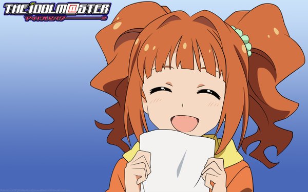 Anime picture 2560x1600 with idolmaster takatsuki yayoi single long hair highres open mouth brown hair wide image twintails eyes closed blue background girl paper