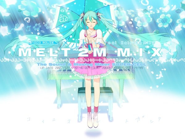 Anime picture 1280x960 with vocaloid melt (vocaloid) hatsune miku 119 long hair twintails blue hair eyes closed legs girl dress umbrella musical instrument piano grand piano
