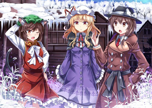 Anime picture 1400x1000 with touhou chen usami renko maribel hearn e.o. long hair blush fringe short hair open mouth blonde hair hair between eyes brown hair standing multiple girls brown eyes animal ears yellow eyes looking away outdoors