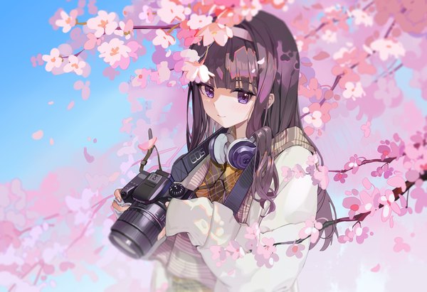 Anime picture 3101x2126 with card captor sakura clamp daidouji tomoyo shi classmate single long hair looking at viewer fringe highres black hair smile purple eyes absurdres upper body outdoors blunt bangs long sleeves cherry blossoms sleeves past wrists headphones around neck