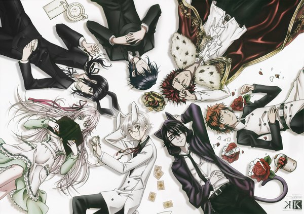 Anime picture 4275x3010 with alice in wonderland k-project gohands (studio) mikoto suoh fushimi saruhiko misaki yata munakata reishi neko (k project) yashiro isana yatogami kuroh long hair tall image highres short hair black hair blonde hair smile red eyes brown hair animal ears