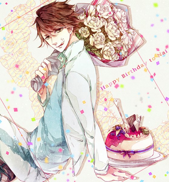 Anime picture 1000x1075 with haikyuu!! production i.g ooikawa tooru reika (artist) single tall image looking at viewer short hair smile brown hair sitting brown eyes inscription :q happy birthday boy flower (flowers) sweets tongue rose (roses)