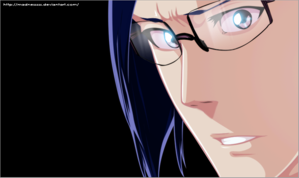 Anime picture 1024x611 with bleach studio pierrot ishida uryuu madnesssss single short hair wide image purple eyes blue hair coloring black background close-up face boy glasses