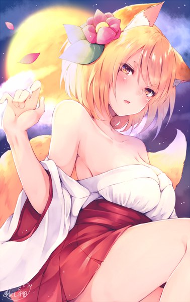 Anime picture 631x1000 with original chita (ketchup) single tall image looking at viewer blush fringe short hair light erotic blonde hair hair between eyes bare shoulders signed animal ears cleavage cloud (clouds) tail traditional clothes parted lips japanese clothes