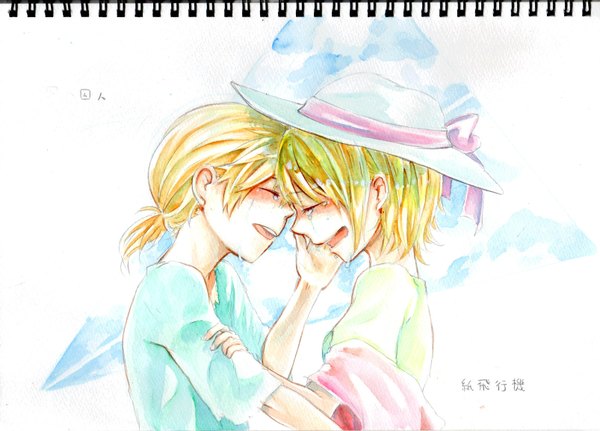 Anime picture 1606x1154 with vocaloid kagamine rin kagamine len kuronyanko blush short hair open mouth blonde hair white background profile tears crying twins traditional media watercolor (medium) photo (medium) girl boy hat