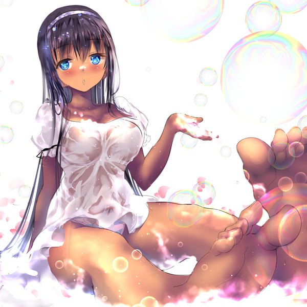 Anime picture 1000x1000 with original ponytail korosuke single long hair blush fringe breasts blue eyes light erotic black hair hair between eyes large breasts white background sitting barefoot pantyshot puffy sleeves dark skin pantyshot sitting wet clothes