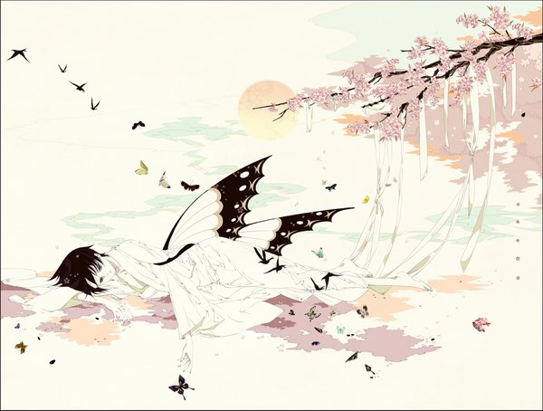 Anime picture 1750x1325 with xxxholic clamp watanuki kimihiro molatoliamu single highres short hair black hair lying traditional clothes japanese clothes barefoot heterochromia cherry blossoms framed outstretched hand insect wings butterfly wings boy plant (plants)
