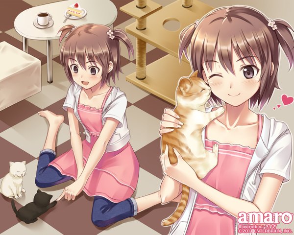 Anime picture 1280x1024 with original kisugi akira blush short hair open mouth smile brown hair twintails multiple girls brown eyes one eye closed wink short twintails girl 2 girls heart sweets cat cup cake
