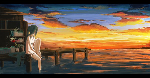 Anime picture 1378x723 with vocaloid hatsune miku samidare (okayou) single wide image sitting sky cloud (clouds) very long hair green hair evening sunset horizon landscape girl dress flower (flowers) plant (plants) water white dress
