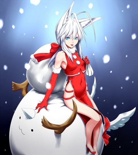 Anime picture 1200x1344 with original kentairui single long hair tall image breasts blue eyes light erotic animal ears ahoge white hair horn (horns) snowing girl gloves bow hair bow elbow gloves shoes tongue