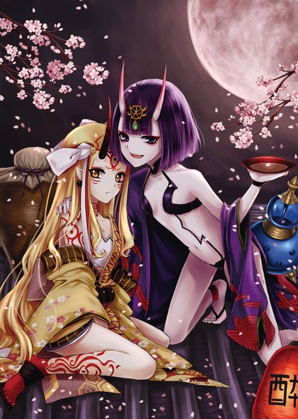 Anime picture 1000x1406 with fate (series) fate/grand order shuten douji (fate) ibaraki douji (fate) mokitty111 (kagamine 02) long hair tall image looking at viewer fringe short hair open mouth light erotic blonde hair standing sitting yellow eyes purple hair blunt bangs traditional clothes japanese clothes