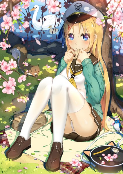 Anime picture 1414x2000 with warship girls r saratoga (warship girls r) lu'' single long hair tall image blush blue eyes light erotic blonde hair sitting cherry blossoms girl thighhighs skirt underwear panties flower (flowers) plant (plants) miniskirt