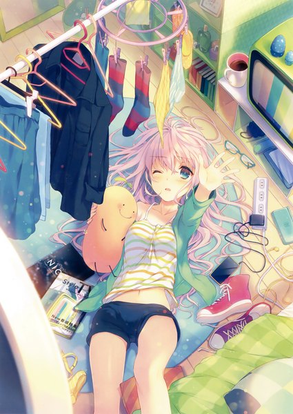 Anime picture 2339x3300 with original eshi 100-nin ten reia single long hair tall image blush highres open mouth blue eyes pink hair lying one eye closed wink scan official art girl socks shoes shorts