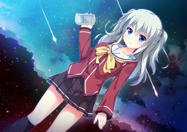 Anime picture 2064x1457 with charlotte p.a. works tomori nao kusunoki (escude) single long hair looking at viewer highres blue eyes sky cloud (clouds) white hair night two side up girl skirt uniform bow school uniform socks