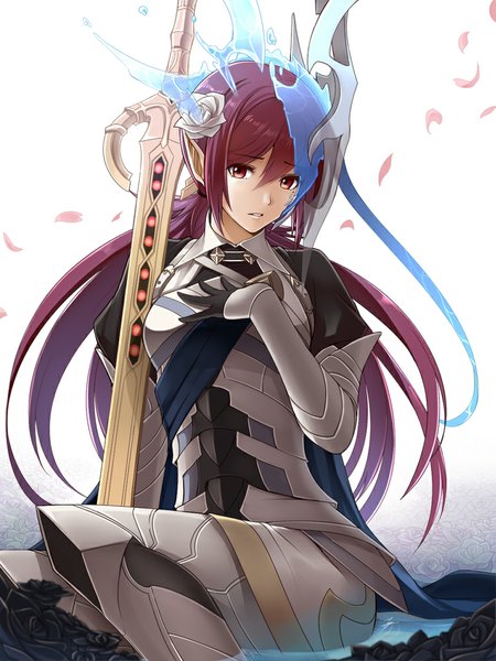 Anime picture 750x1000 with fire emblem fire emblem fates corrin (fire emblem) corrin (female) (fire emblem) tenyo0819 single long hair tall image looking at viewer fringe hair between eyes red eyes white background sitting twintails purple hair red hair parted lips head tilt multicolored hair