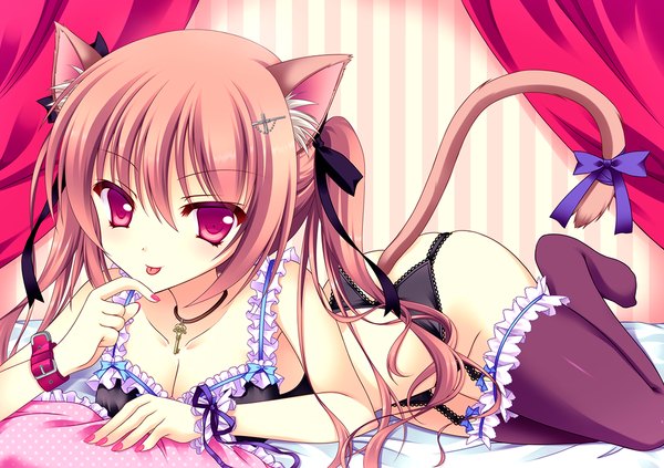 Anime picture 1100x777 with original sora 18 single long hair light erotic purple eyes twintails animal ears pink hair tail animal tail cat ears cat girl cat tail :p girl thighhighs ribbon (ribbons) black thighhighs hair ribbon