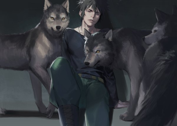 Anime picture 1300x929 with psycho-pass production i.g kougami shin'ya naked cat single looking at viewer fringe short hair black hair parted lips lips arm support eyebrows reclining boy animal wolf whiskers
