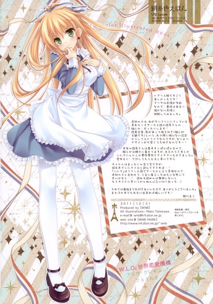 Anime picture 2448x3500 with original tatekawa mako single long hair tall image blush highres blonde hair green eyes inscription hieroglyph girl dress ribbon (ribbons) hair ribbon earrings